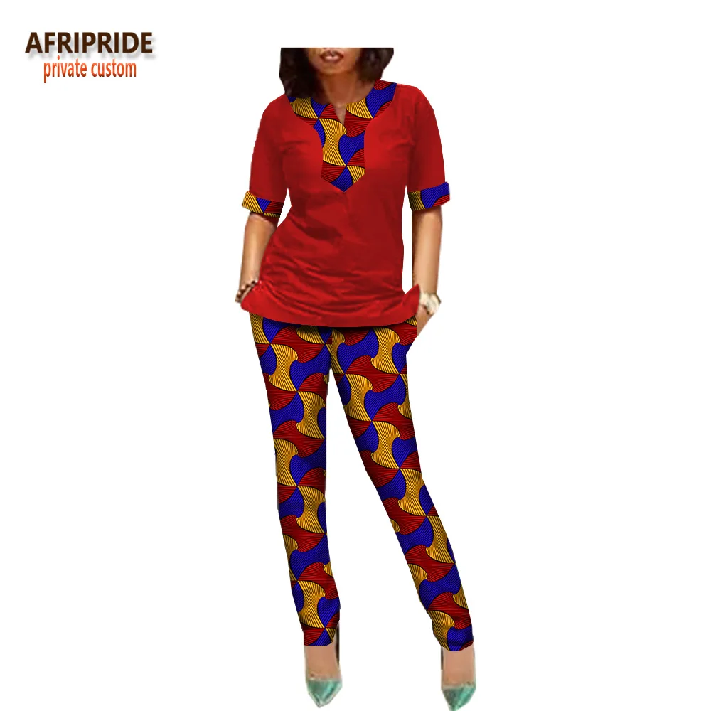 Afripride, африканские брюки, костюм для женщин, сделанный на заказ, половина рукава, блузка+ длинные узкие брюки, Женский Повседневный хлопковый костюм A1826005