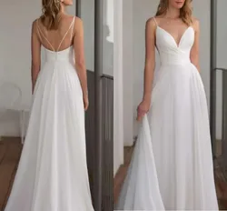 Simple A-Line Wedding Dresses V Neck Floor Length Chiffon Spaghetti Strap Bridal Gown Country Vestido De Noiva