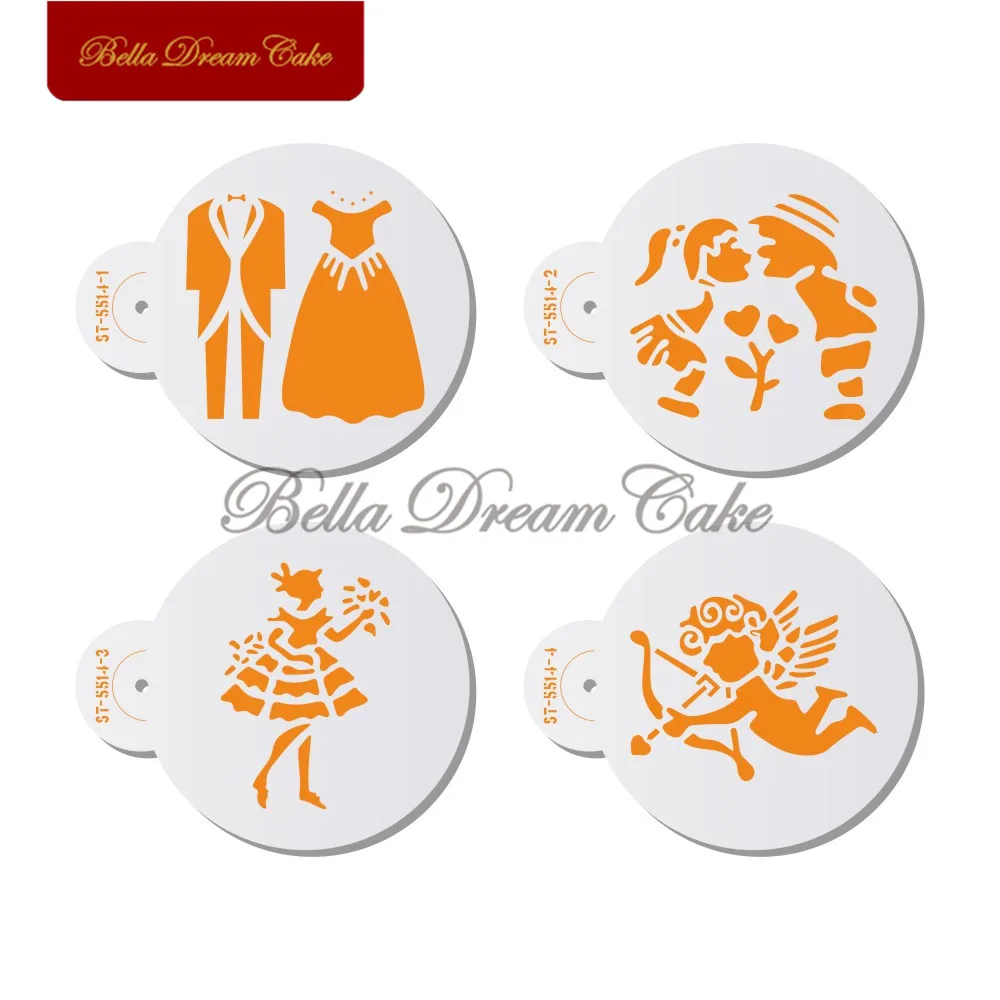 

4pcs/set Valentine's Day Couple Cookies Stencil Coffee Stencils Template For Wedding Party Baking Cake Mold Cake Decorating Tool