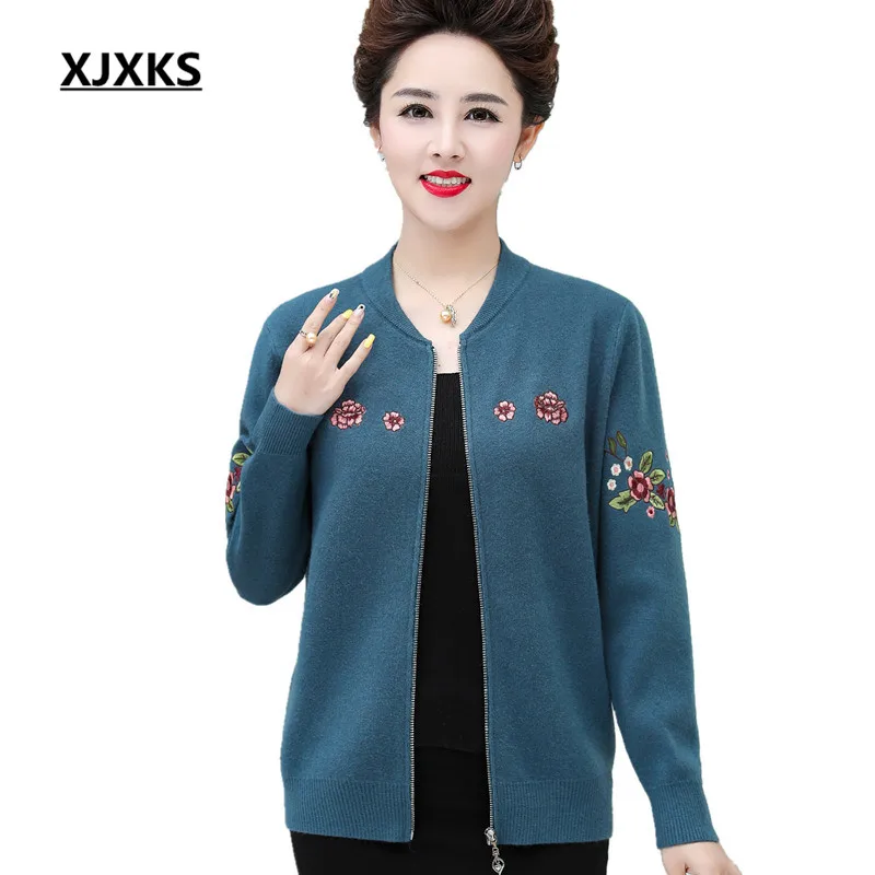 XJXKS autumn winter new women jacket fashion embroidery comfortable cashmere knitted cardigan women sweater coat
