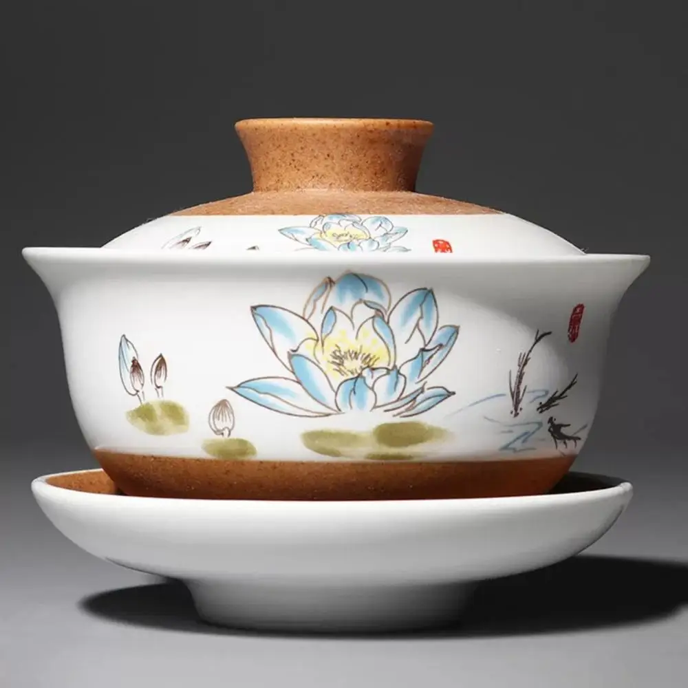 Керамическая чайная супница, китайский чайный набор Sancai Gaiwan, ручная роспись, грубая керамика, чайный набор, чайная чаша, домашняя кружка и блюдце, набор - Цвет: Lotus