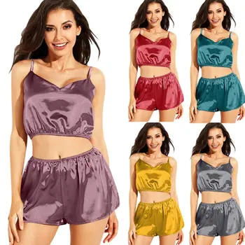

Women Summer Imitation Silk 2Pcs Pajamas Set Sexy Sleeveless V-Neck Cami Crop Top Shorts Sleepwear Solid Color Nightwear