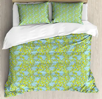 

Leaves Duvet Cover Set Cartoon Botanical Pattern of Curlicue Branches 3 Piece Bedding Set Blue Yellow Green