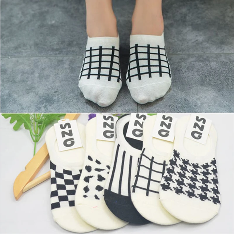 5 Pairs Cotton Short Women's Socks Black White Low Cut No Show Chess Plaid Leopard Houndstooth Cow Print Invisible | Женская одежда