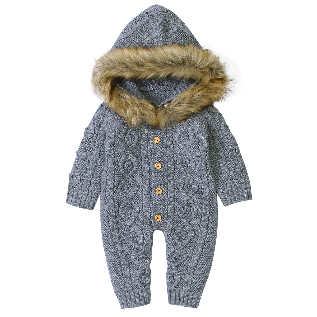 Осенне-зимний теплый комбинезон для малышей, Одноцветный трикотажный комбинезон с длинными рукавами, комбинезон с капюшоном и меховым воротником, одежда для малышей 0-18 месяцев - Цвет: Серый