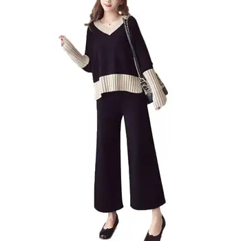 

2Pcs Women Casual V Neck Pullover Top Wide Leg Pants Sportswear Knitted Tracksuit