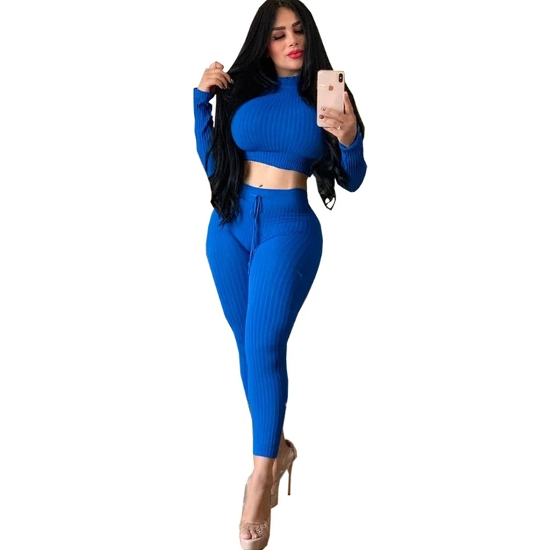 

Winter Autumn 2 Piece Set Woman Matching Sets Outfit Ribbed Crop Top and Pants Suit Bodycon Sexy Women Two Piece Set Tracksuit