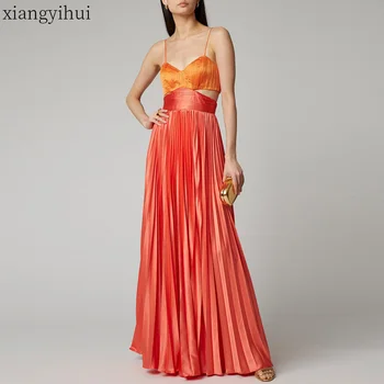 

New Summer Hit Colors Women Orange Pleated Fashion Long Dresses 2020 High Street Women's Backless Sleeveless Party Dress Vestido
