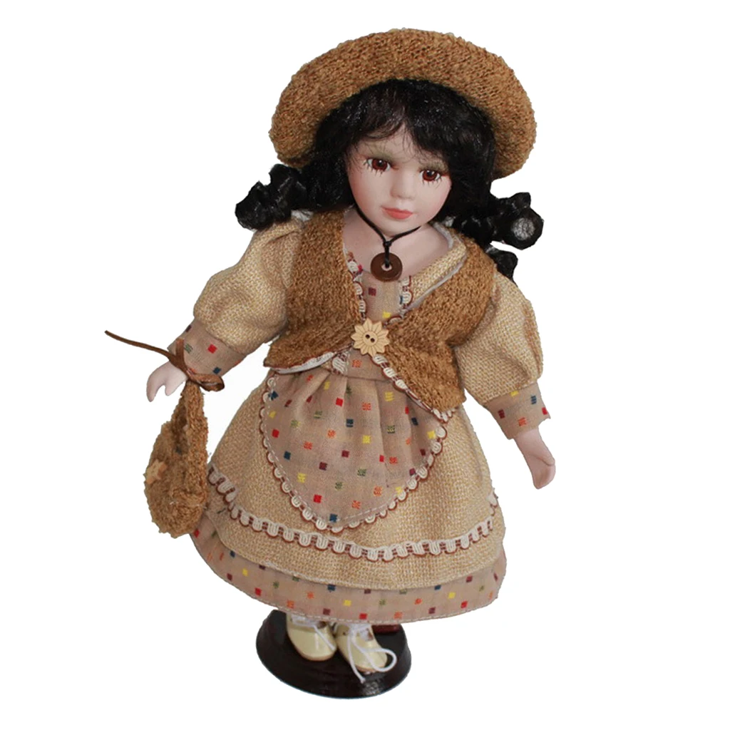 30cm Lovely Porcelain Girl Doll with Beige Dress & Stand Home Display Decor Best Gift