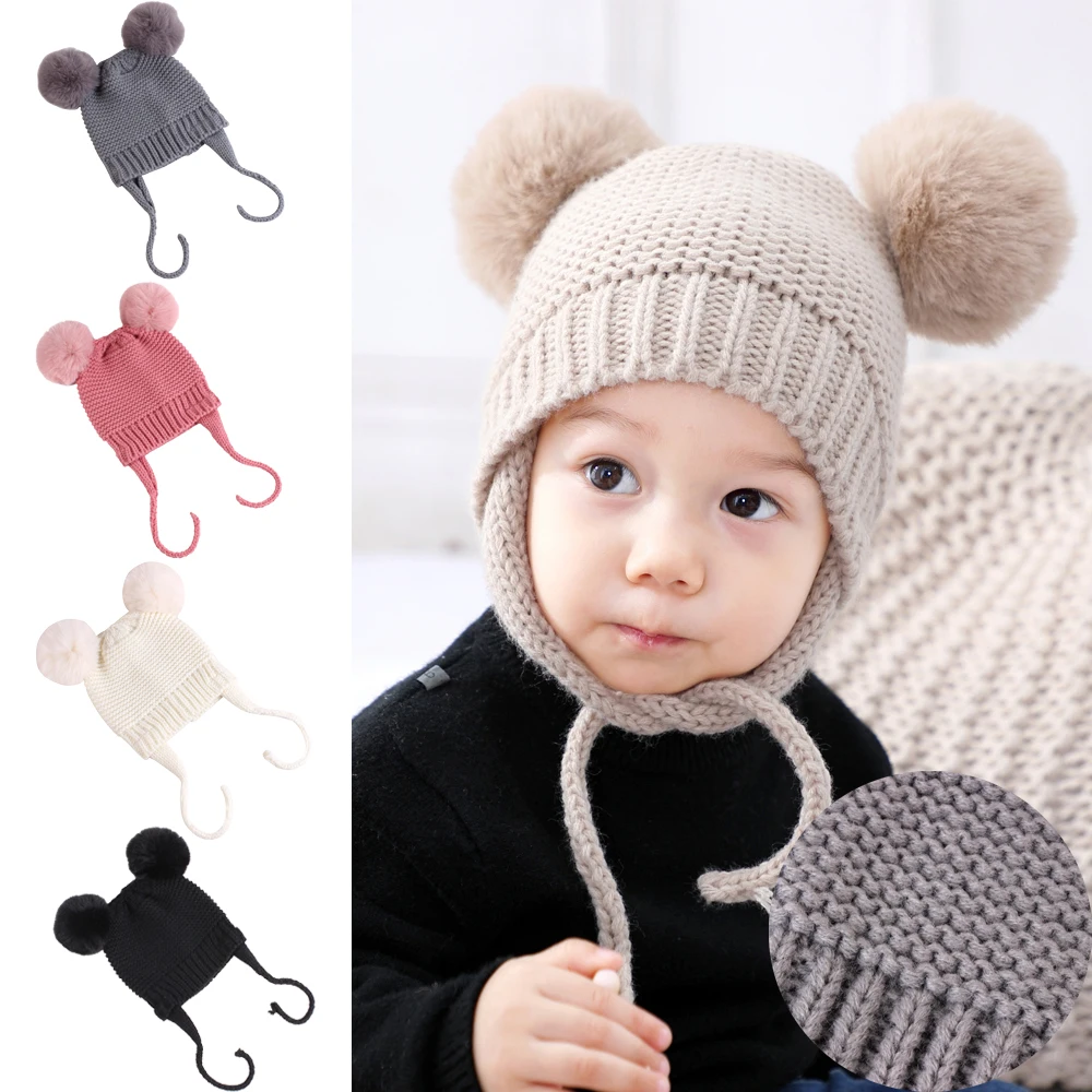 Милые зимние теплые детские вязаные шерстяные шапки с отворотом