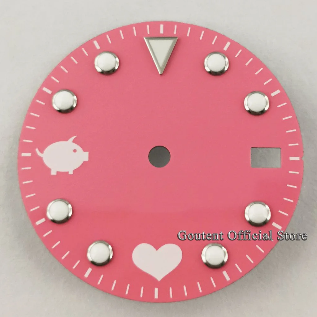 Goutent 28.5mm Sterile Watch Dial Pink piggy heart dial Green Luminous Fit For NH35 NH35A Movement Watch Face