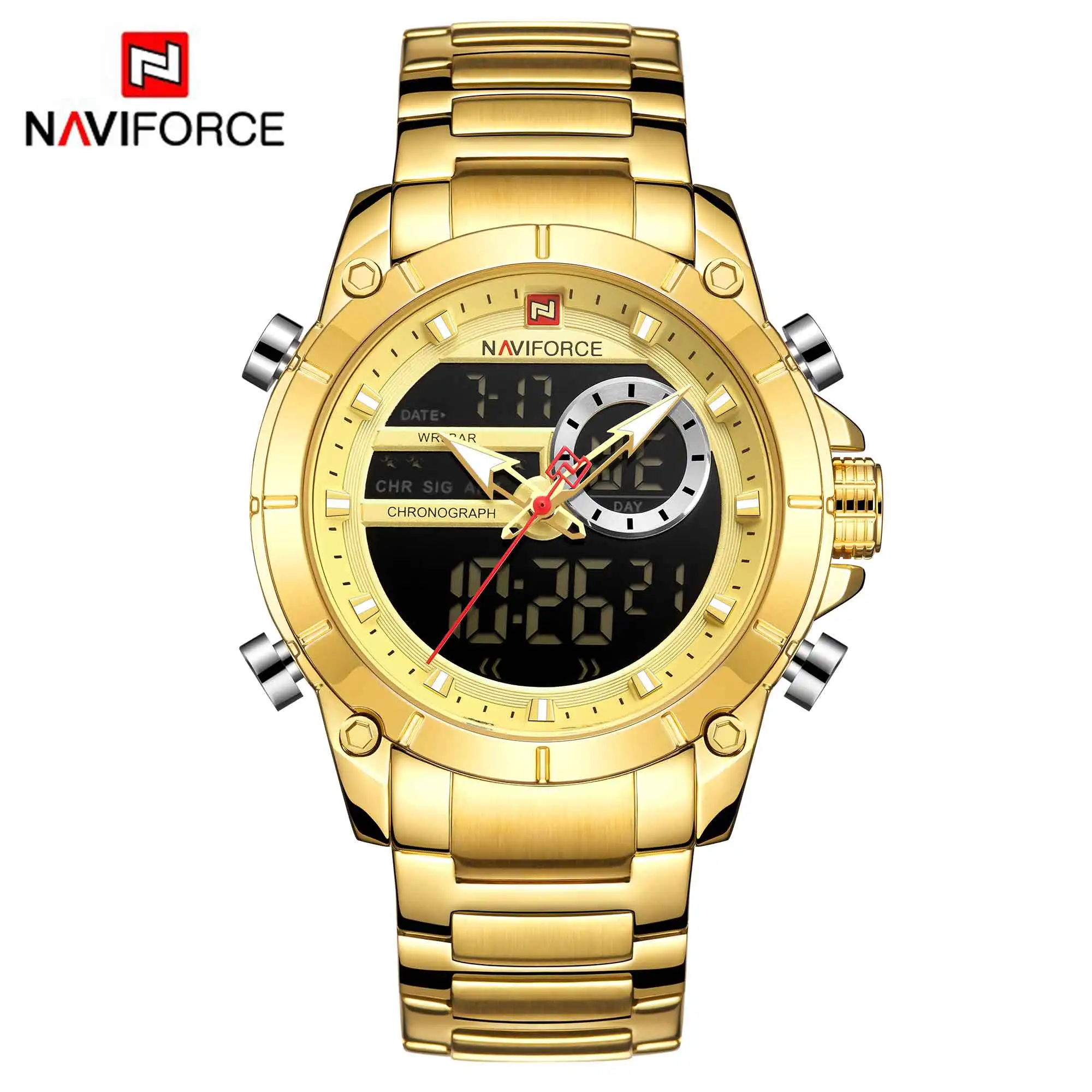 Новинка NAVIFORCE мужские военные модные часы золотые кварцевые наручные часы Стальные водонепроницаемые часы с двойным дисплеем мужские часы Relogio Masculino - Цвет: GG