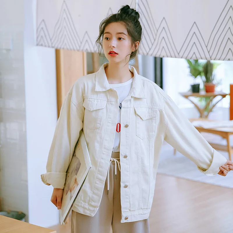 

2019 Autumn And Winter Classic Versatile New Style Washing Literature And Art Feel Jeans Coat Women's, White Jacket Tops