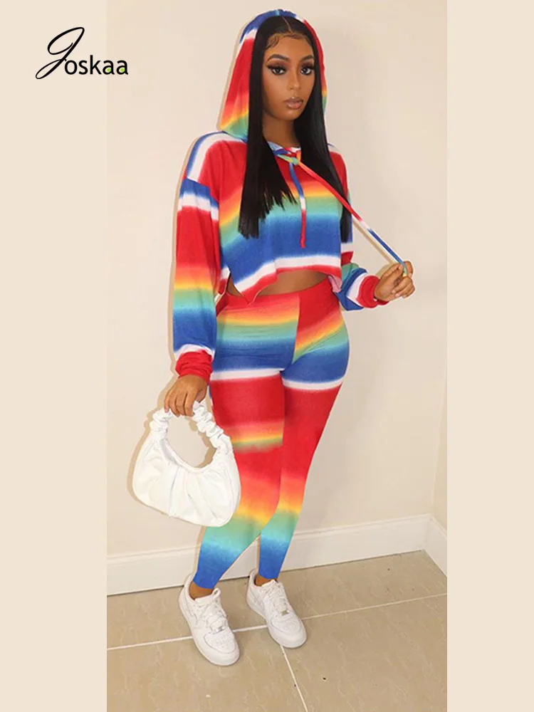 

Joskaa Rainbow Print Leisure Chic Two Piece Set Long Sleeve Hooded Drawstring Loose Casual Crop Top Elastic Sweatpants Tracksuit