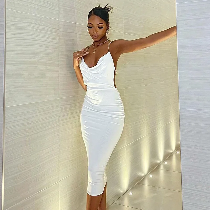 Sexy Backless Halter Bodycon Midi Dress Women Elegant White Ruched Bandage Party Evening Black Dresses 2022 Summer Club Outfits shirt dress