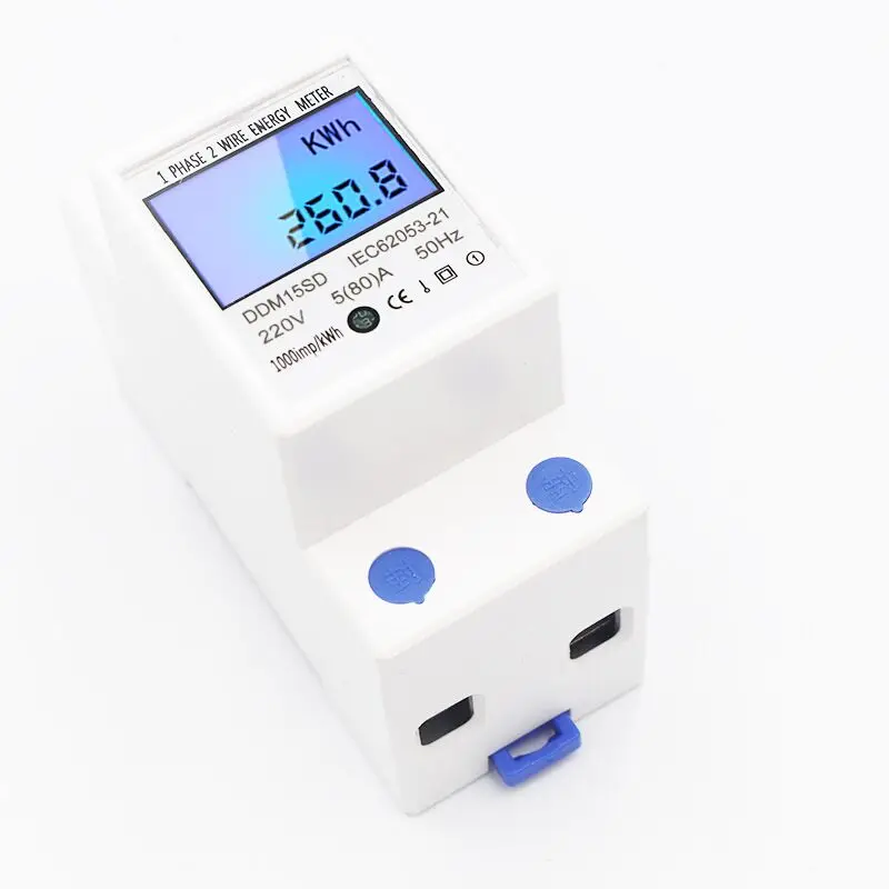 

DDM15SD Din-Rail Energy Meter 5-80A LCD Backlight Digital Display Single Phase Electronic Energy KWh Meter