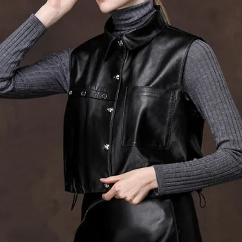 

Leather brand leather short vest women punk sheepskin black vest top grade motorcycle sleeveless coat