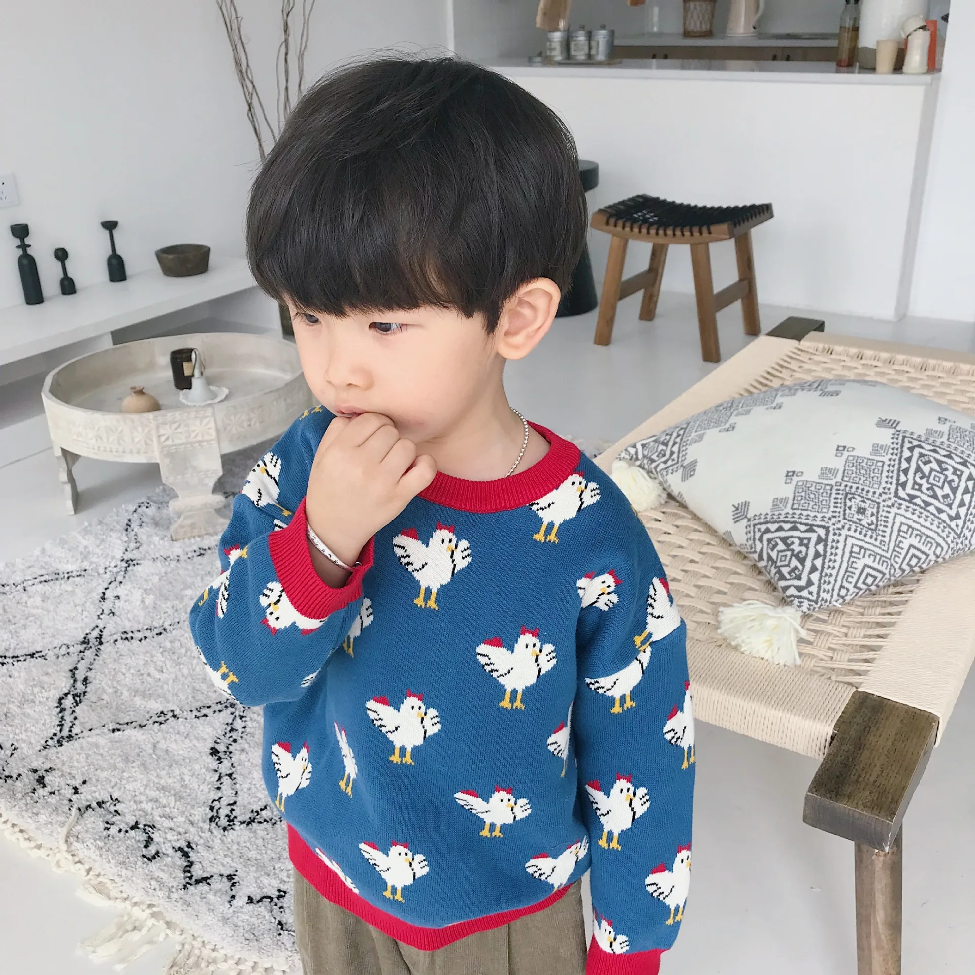 Tonytaobaby/осенне-зимняя одежда; Новинка; детская одежда для малышей; свитера; хлопковые свитера с рисунком цыпленка синего цвета