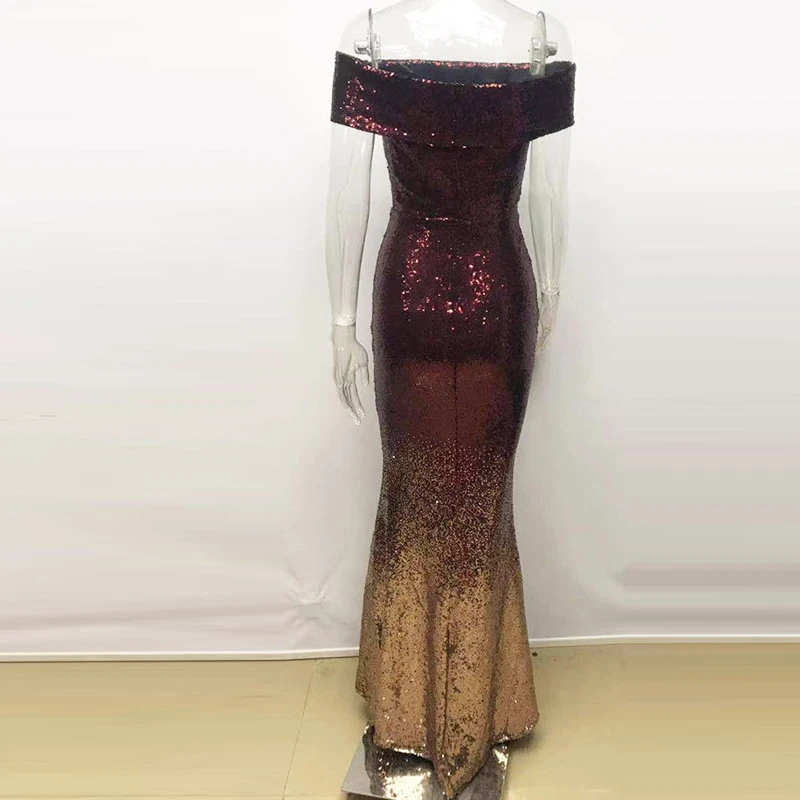 Autumn Club Party Dresses One Word Lead Shoulder Long Dress Sexy Paillette Dress Bling Sequin Gradient Winter Maxi Dresses