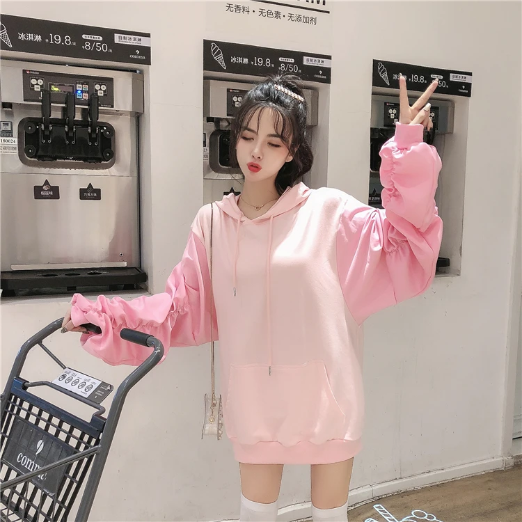 Ulzzang Harajuku Kawaii длинные толстовки Толстовка женская одежда зимняя Корейская Милая негабаритная толстовка с карманом толстовка с капюшоном для школьниц