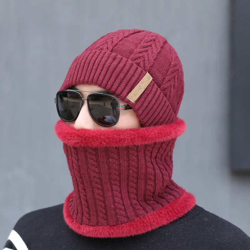 Высококачественная Зимняя вязанная мужская шапка Skullies, модная вязанная шапка из шерсти, шапка для мужчин, бархатная шапка, теплый мужской шарф, шапка - Цвет: Hat scarf red wine