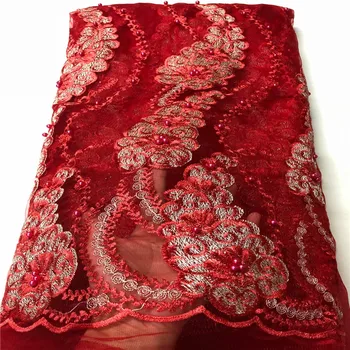

African Beaded Lace Fabric 2020 red/gold High Quality Lace Material Wine French Lace Fabric Nigerian Tulle Mesh Lace Fabrics