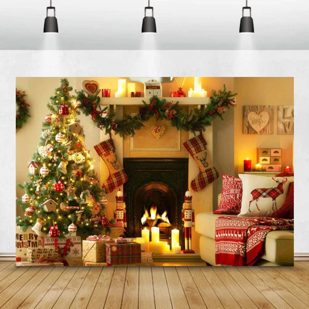 

Laeacco Merry Christmas Festivals Living Room Gray Wall Tree Gift Party Fireplace Interior Photo Background Photography Backdrop