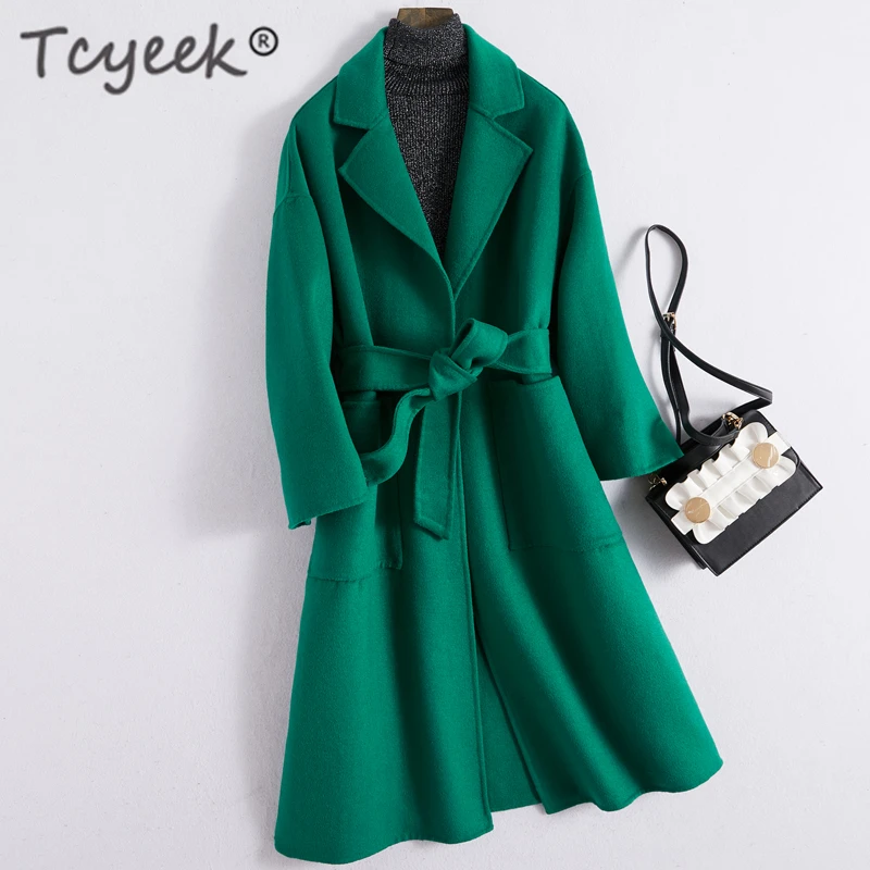 

Tcyeek 100% Wool Coat Female Fashion Ladies Both Side Cashmere Long Jacket + Belt Korean Elegant Slim Fit Wool Coat Hiver 11005