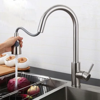 

Kitchen Faucets Silver Single Handle Pull Out Kitchen Tap Single Hole Handle Swivel 360 Degree Water Mixer Tap Mixer Tap