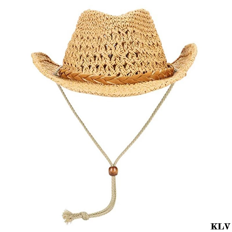 Child 52-54cm Взрослые и дети широкие поля, из соломы Защита от солнца ковбойские шляпы шапки анти УФ Путешествия Пляж складные ковбойские шляпы для женщин с подбородком ремень - Цвет: Child 52-54cm
