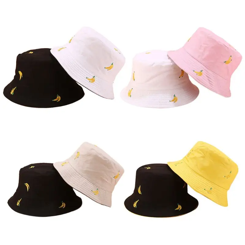 

Women Men Summer Bucket Hat Banana Embroidery Double Sided Wear Contrast Color Hip Hop Harajuku Wide Brim Foldable Fisherman Cap