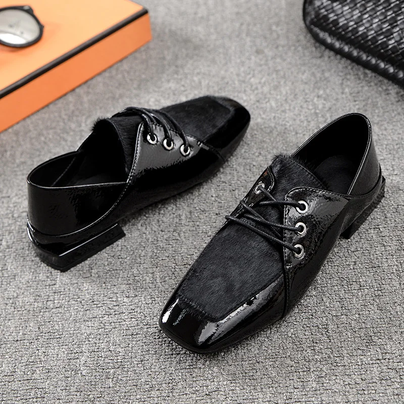 [DEAT] Square Toe Shallow Patent Leather Bandage Casual Single Flat Shoes Women New Spring Autumn Fashion Tide 10D896