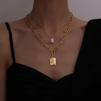 

GHIDBK Minimalist Natural Freshwater Pearls Face Square Pendant Chokers 3pcs/set Street Style Necklaces Stainless Steel Jewelry