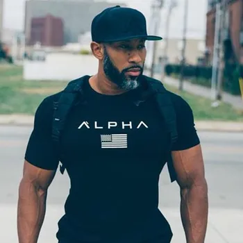 

Summer Alpha Printed T Shirt Mens Fashion Casual Fitness Bodybuilding Streetwear Short Sleeves Slim Fit Cotton T-Shirt Clothing