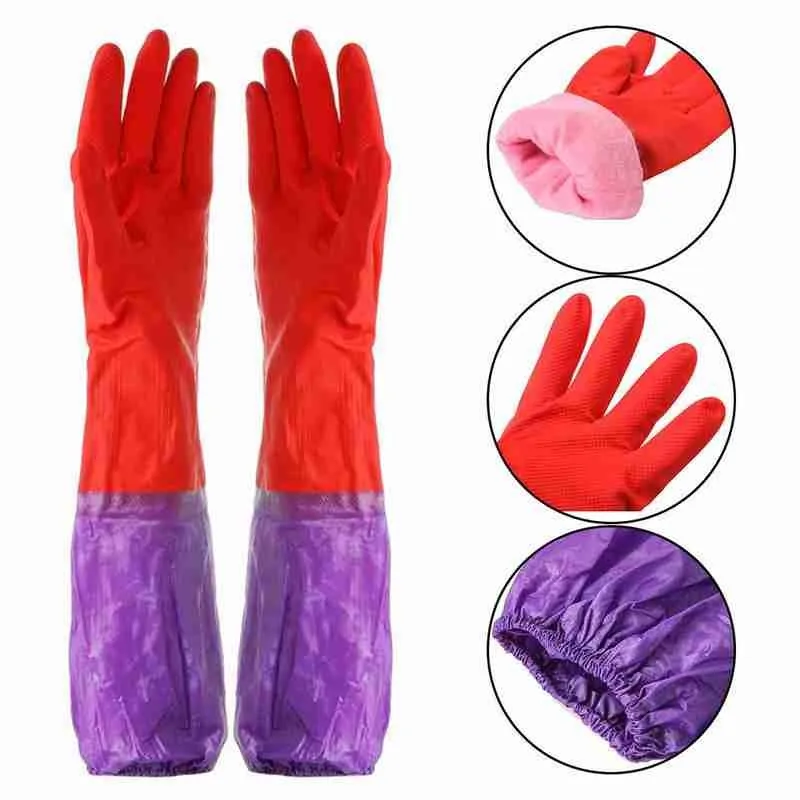 1Pair Long Rubber Velvet Household Gloves Dishwashing Rubber Waterproof Antiskid Thicken Warm Gloves Scrubber Kitchen Clean Tool