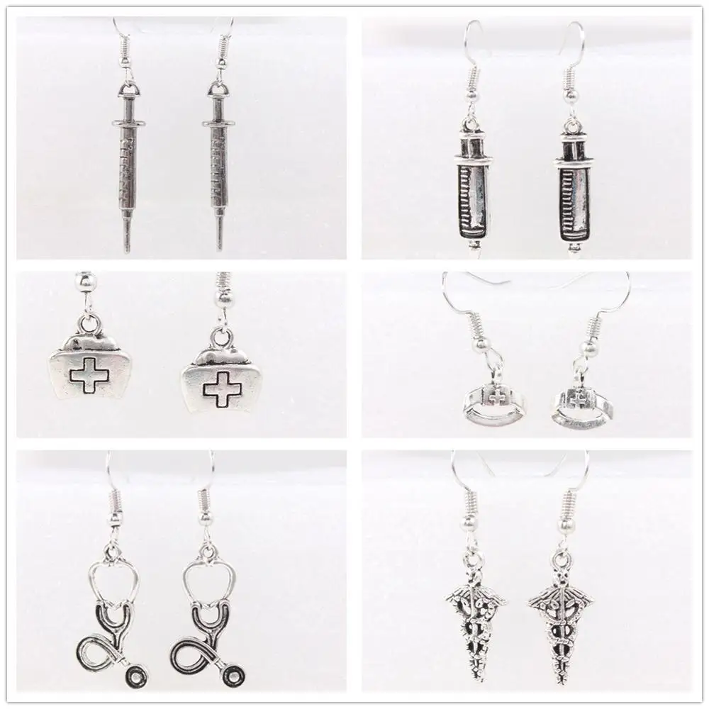 

Fashion Syringe Medical Stethoscope Nurse Cap Dangle Earrings RN Real Nurse Antique Silver Dangle Earrings 1 Pairs