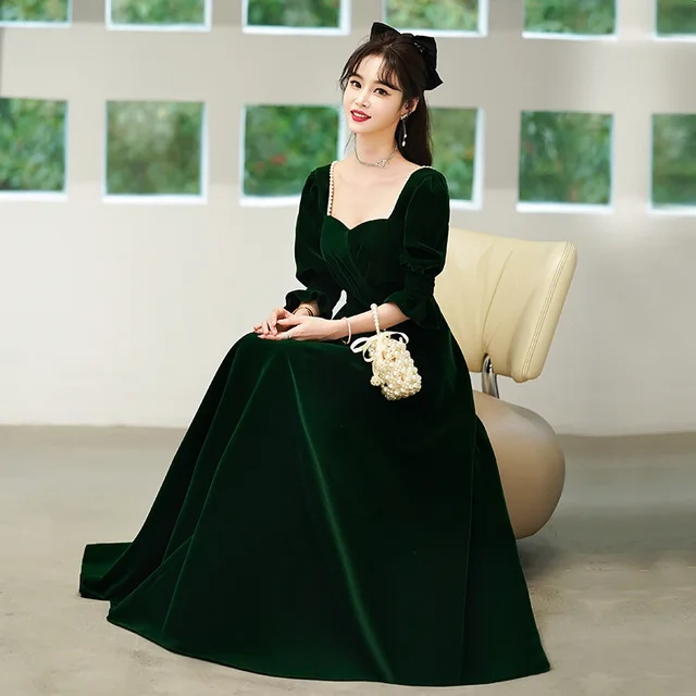 Autumn Winter Elegant Dark Green Velour Evening Dress Women Long Sleeves  A-line Prom Formal Party Gown - Cheongsams - AliExpress