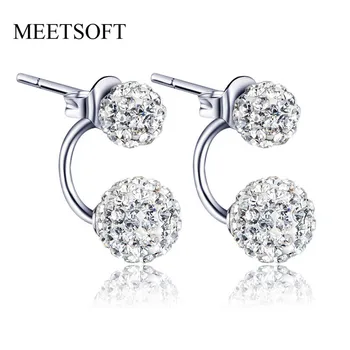 

MEETSOFT 925 Sterling Silver Prevent Allergy Crystal Stud Earrings for Women Trendy Small Shambhala Jewelry Gift