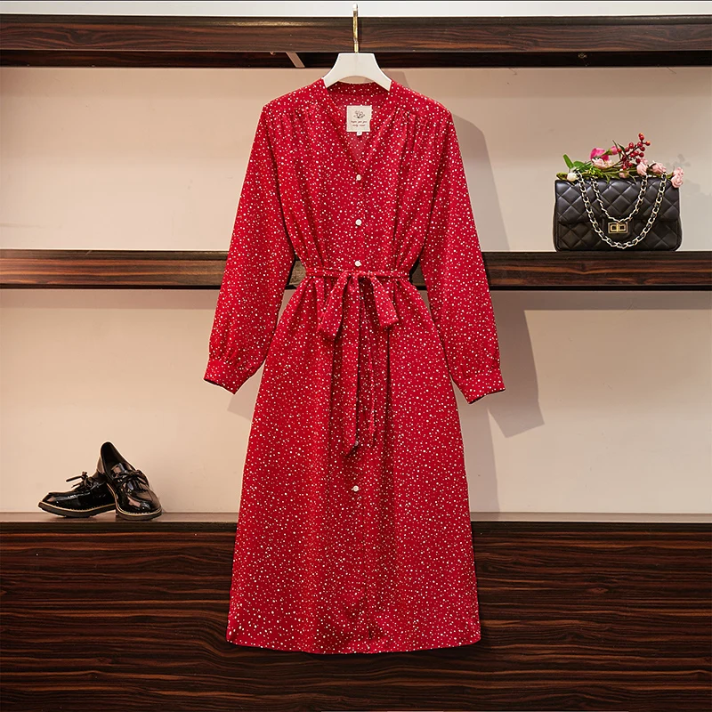 

Autumn Plus Female Red Dress 2019 V Neck Chiffon Dot Printing Autumn Women Dress with Belt Slim Elegant Outwear Women Long Dress