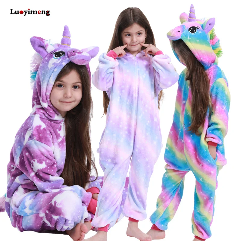 Rainbow Kigurumi For Children Cartoon Animal Unicorn Onesies Baby Girls Flannel Sleepers Kids Pyjamas Boys Halloween Costumes