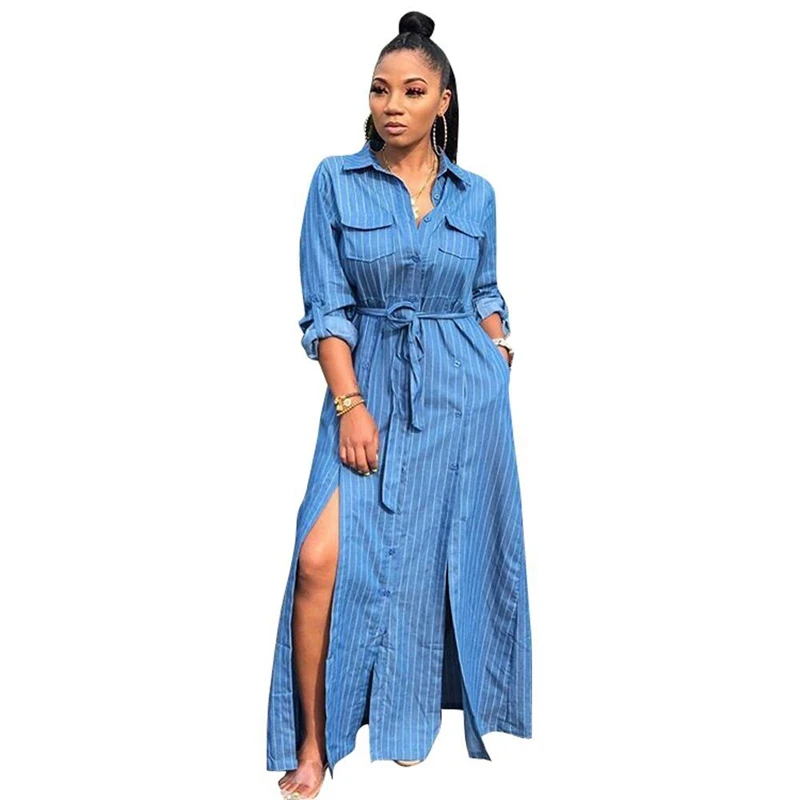 

Winter Autumn Women Long Denim Maxi Dress Long Sleeve Striped Casual Denim Jeans Dress Ladies Pockets Button Split Party Dress