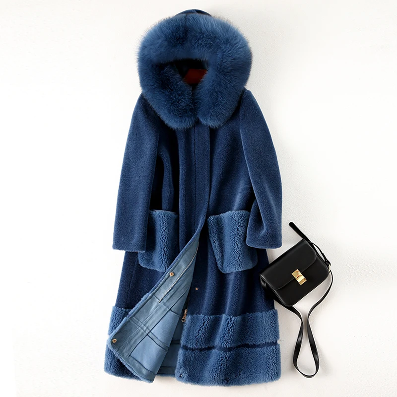 Excellent Sheep sheared coat female long section 2019 new fox fur hooded one Haining fur wool coat jacket 2 Excellent Sheep sheared coat female long section 2019 new fox fur hooded one Haining fur wool coat jacket 2