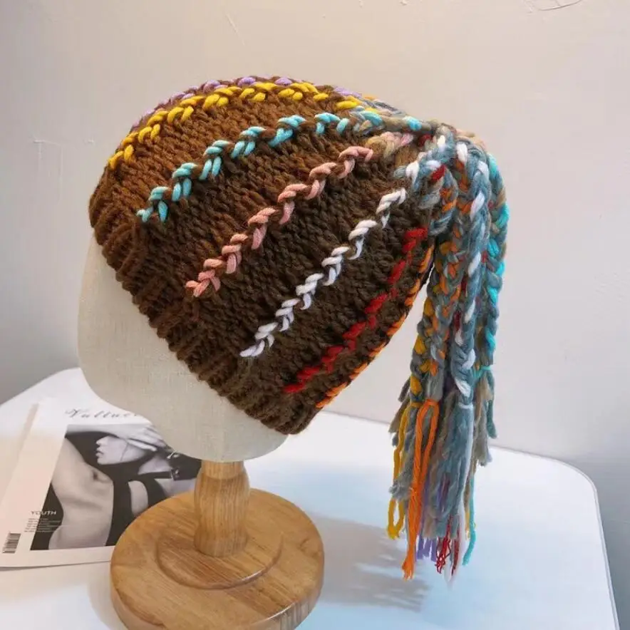 Arco-íris para Meninas Chapéu de Inverno com Cauda Gorro Artesanal Colorido Multi Borlas Grossas Perucas 2022 3 High Quality Acessórios da Moda