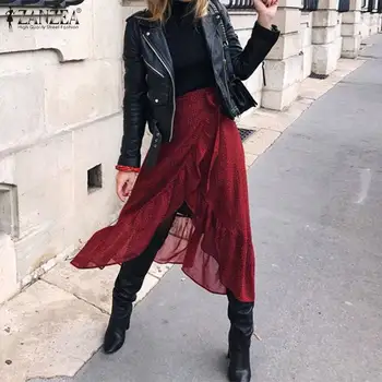 

Bohemian Polka Dot Printed Vestidos Mid Calf Skirts 2020 ZANZEA Women's Skirts Fashion Asymmetrical Hem Flades Femme Plus Size