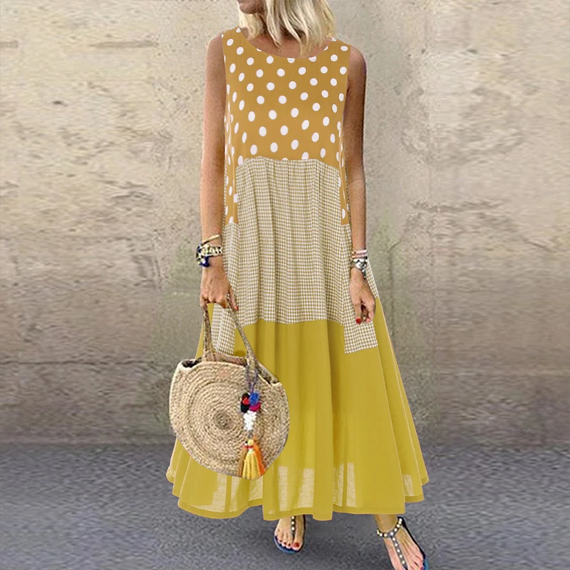 ZANZEA, женские платья из хлопка и льна, повседневный винтажный сарафан в стиле пэчворк, Осеннее длинное платье в горошек, Vestido Femme Robe Baggy - Цвет: Sleeveless Yellow