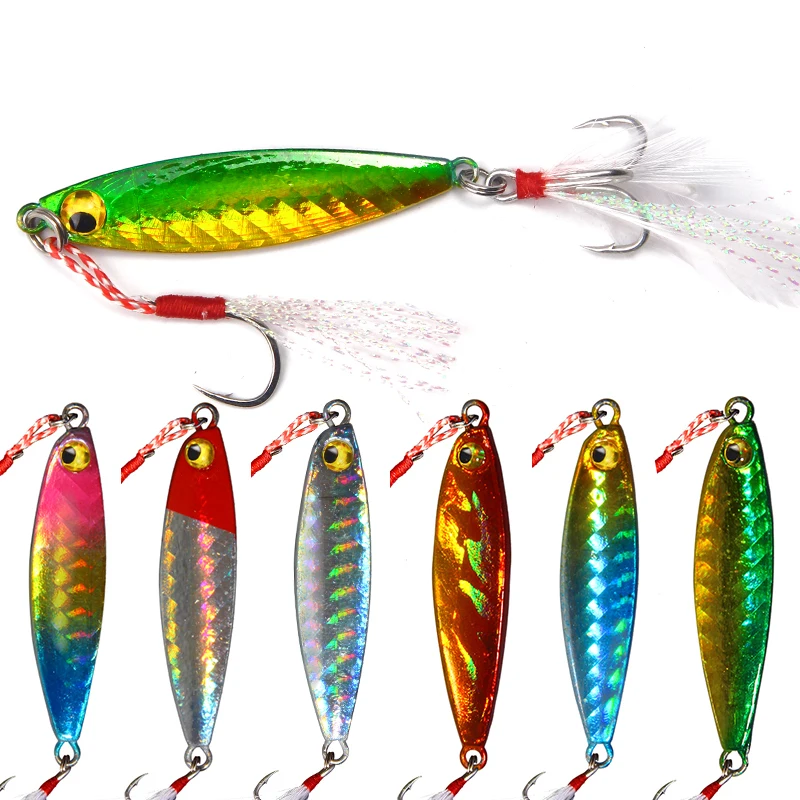 

Explosive iron plate fishing bait 10g/15g/20g Lure sequins with feathers slow shaking knife sharp sequins blood trough hook