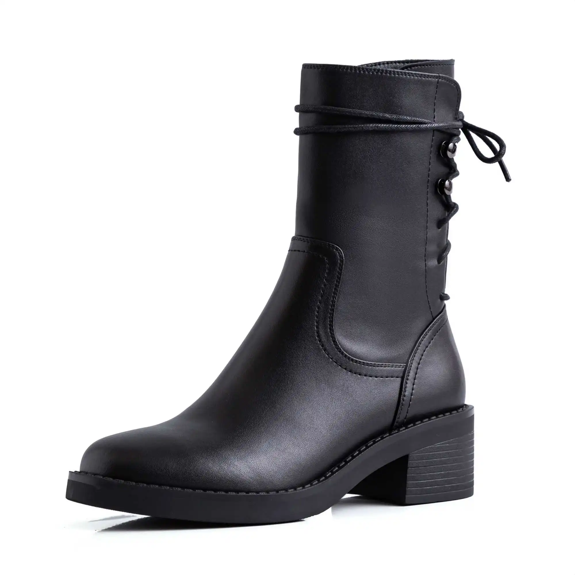 black2 heels 5cm Krazing Pot/однотонные ботинки «Челси» из натуральной кожи, с круглым носком, на среднем каблуке, со шнуровкой сзади, зимние теплые женские сапоги до середины икры на молнии сбоку, L33 - Цвет: black2 heels 5cm