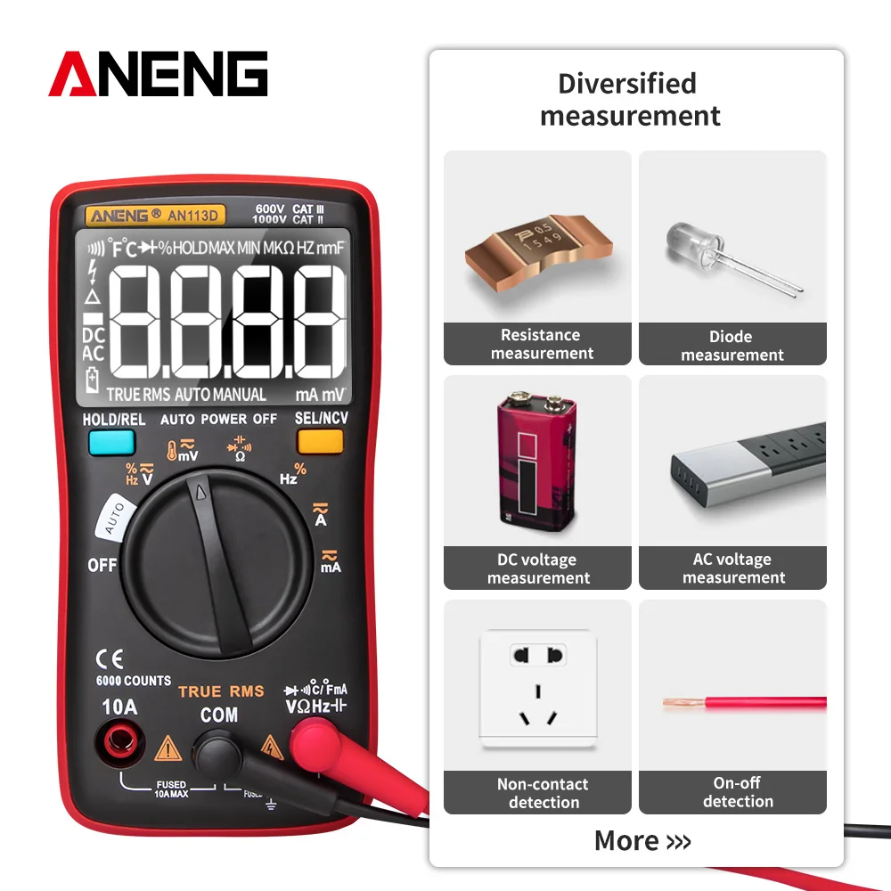 

AN113D Digital Multimeter 6000 counts electrical meter transistor tester temperature Auto Ranging AC/DC voltage mete Test
