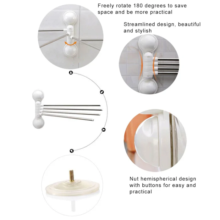 Suction Cup Bath Towel Rack with Stainless Steel Swivel Bars for Bathroom Toilet PI669