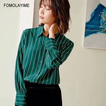 

Spring 2020 Blouse Shirts High Quality Women's Blouses Green Stripe Long-sleeved Blouses